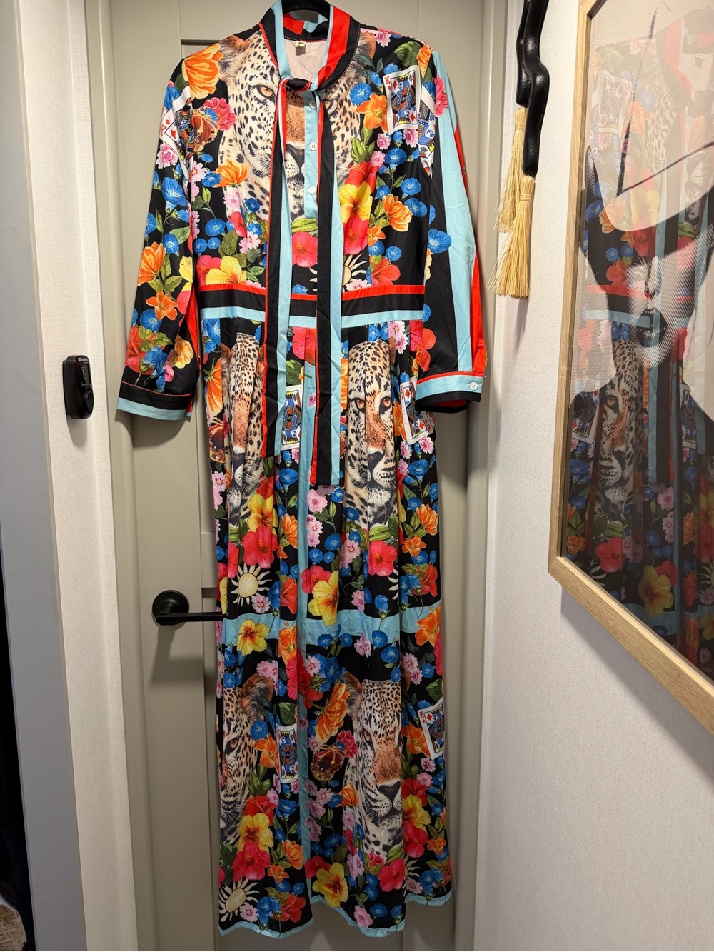 Maxi Dress with Floral & Leopard Print - Black Multi